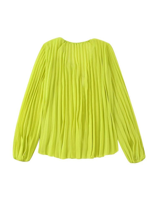 Women's Long Sleeve Pleated Blouse w/O-neck