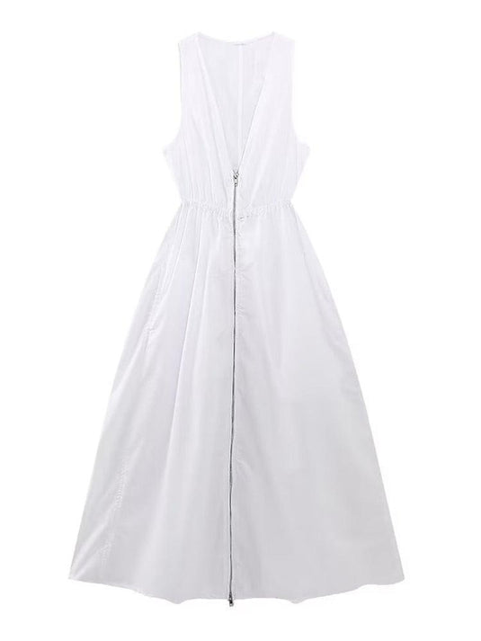 Women's Front Zipper Poplin Midi Dress w/ Elastic Waist