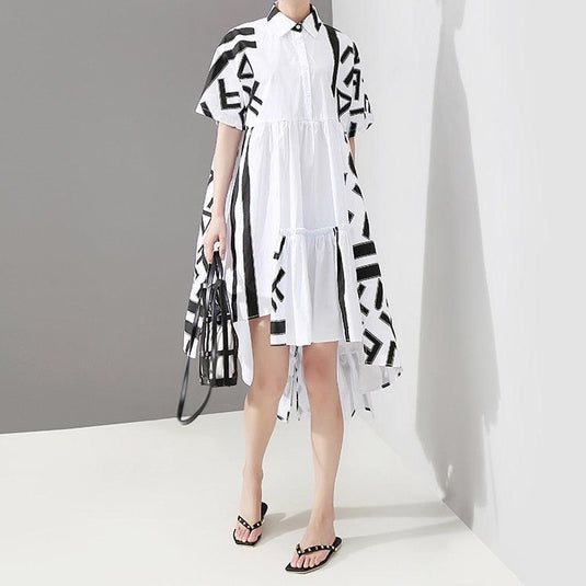 Women's Geometric Printed Black + White Midi Shirt Dress