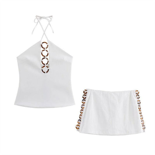 White Two-Piece top + skirt set w/ decorative accessories