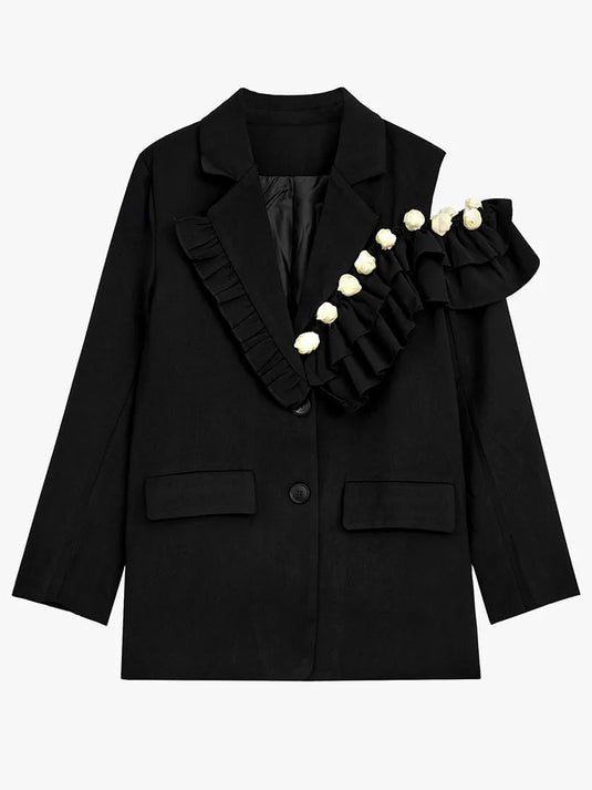 Women's Black Flower Irregular Ruffles Collar Blazer