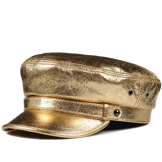 Genuine Leather Shining Golden/Silver Flat Top Hat