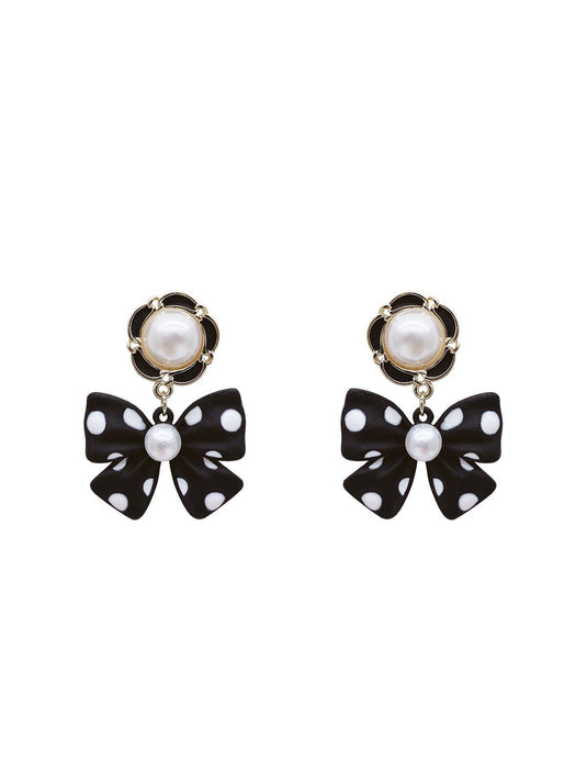 Asymmetrical Black + White Crystal Bow Earrings