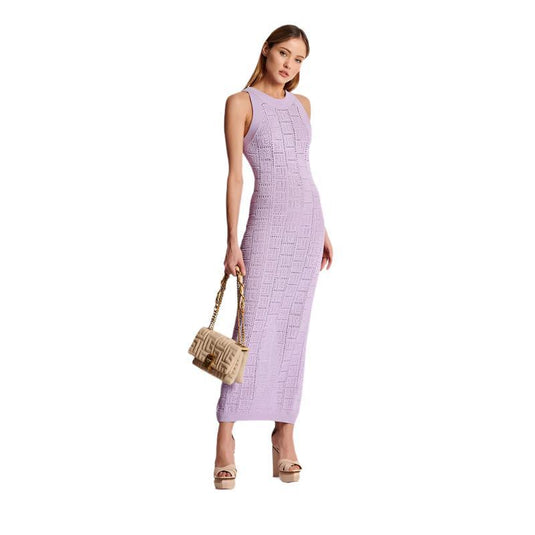 Women's Purple Knitted Sleeveless Midi Dress w/O-neck