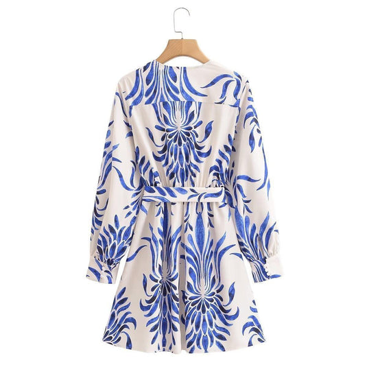 Women's Long Sleeved Printed Mini Dress w/Belt Embellished