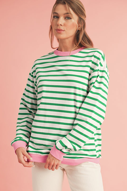 Bright Green Striped Contrast Trim Long Sleeve Top