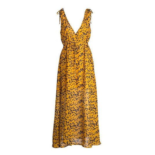 Women Yellow Print Deep V-Neck Maxi Dress w/ Backless Spaghetti Strap