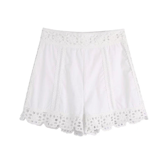 Women's Elastic High Waist White Crochet Shorts