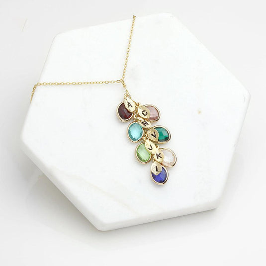 Birthstone Water Drop Leaf Lettering Necklace