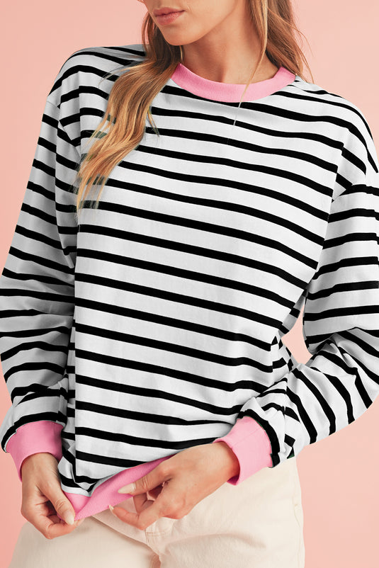 Bright Green Striped Contrast Trim Long Sleeve Top