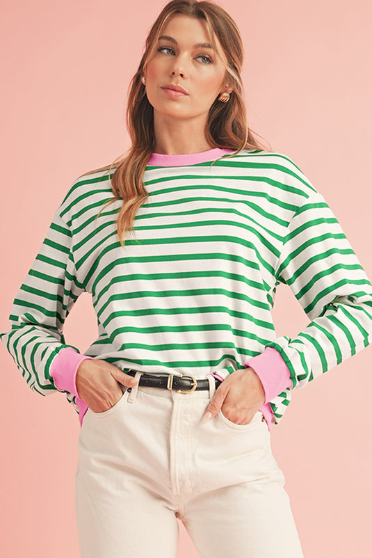 Bright Green Striped Contrast Trim Long Sleeve Top