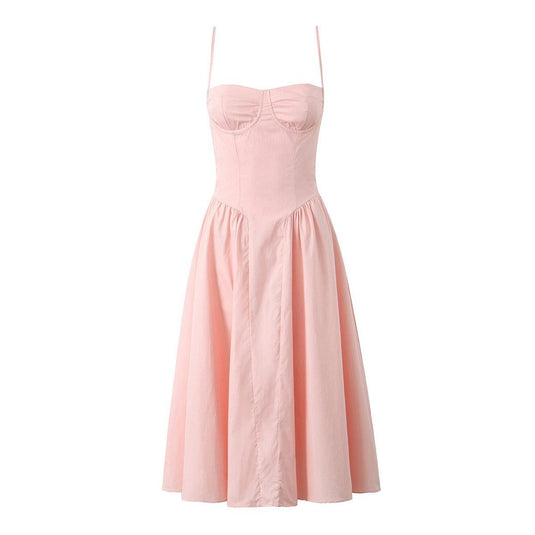 Pink thin strap retro midi dress