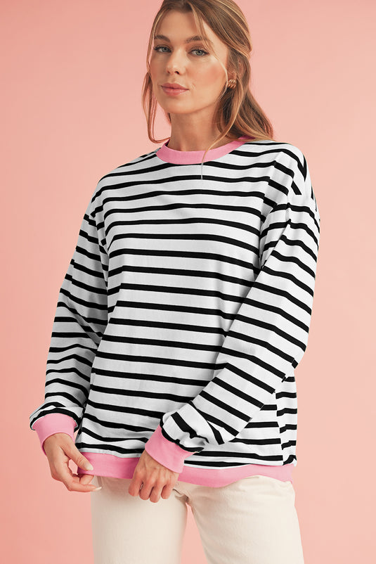 Bright Green Striped Contrast Trim Long Sleeve Top