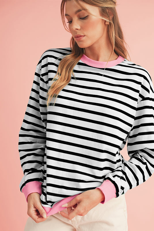 Bright Green Striped Contrast Trim Long Sleeve Top