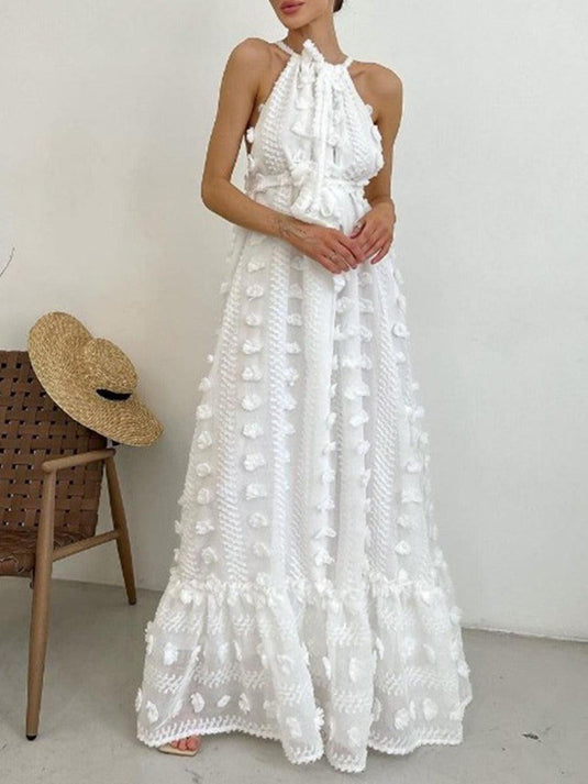 White halter neck maxi dress with three-dimensional flower pattern