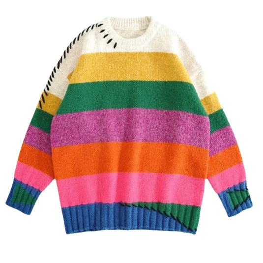 Retro Rainbow Striped Pullover Sweater