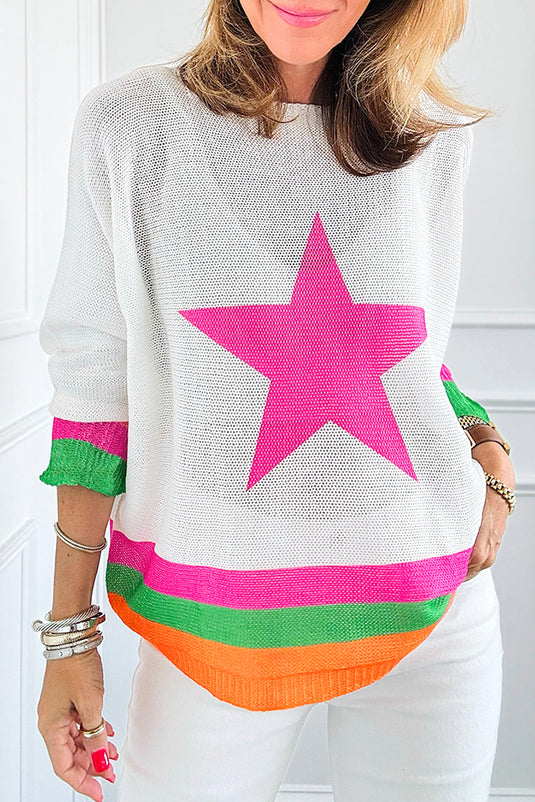 White Star Pattern Colorblock Drop Shoulder Lightweight Sweater