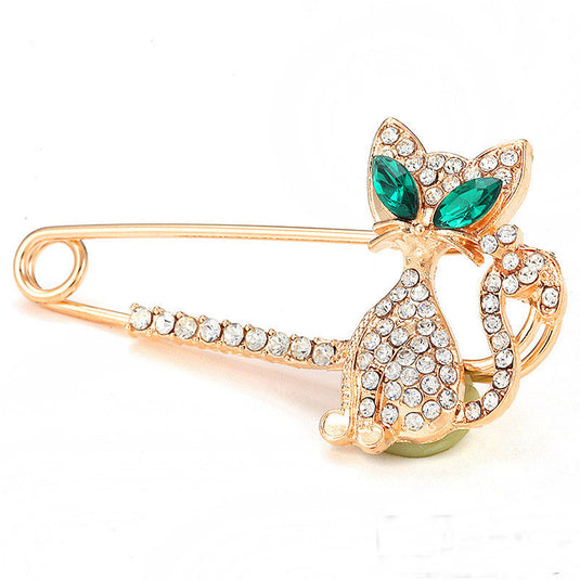 Rhinestone Crystal Green-eyes Cat Brooch