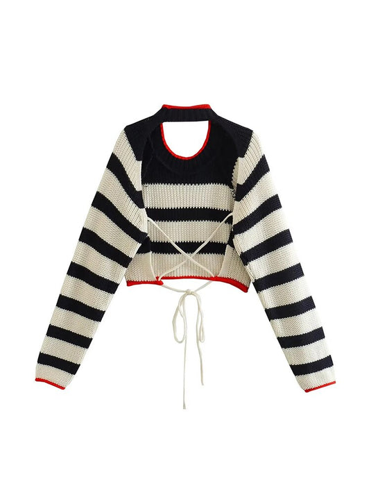 Stripe Backless Long Sleeve Knitted Sweater