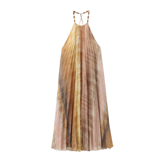 Sexy Tie dye printed soft pleated dress - beaded neckline