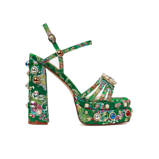 Platform Sandals w/Embroidered Fabric + Rhinestones