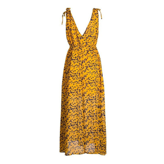 Women Yellow Print Deep V-Neck Maxi Dress w/ Backless Spaghetti Strap