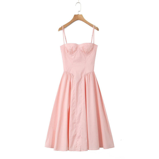 Pink thin strap retro midi dress