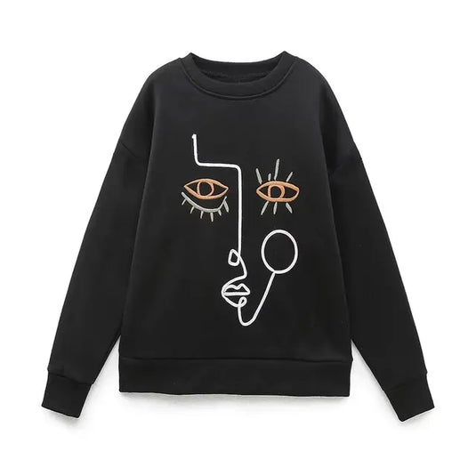 Face Abstract Embroidery Fleece Sweatshirt