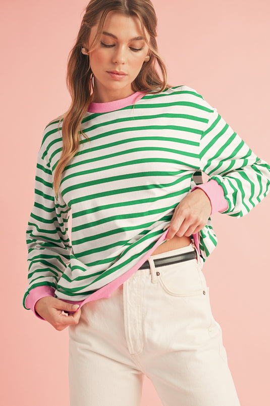 Bright Green Striped Contrast Trim Long Sleeve Top