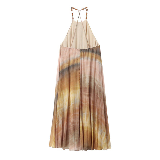 Sexy Tie dye printed soft pleated dress - beaded neckline