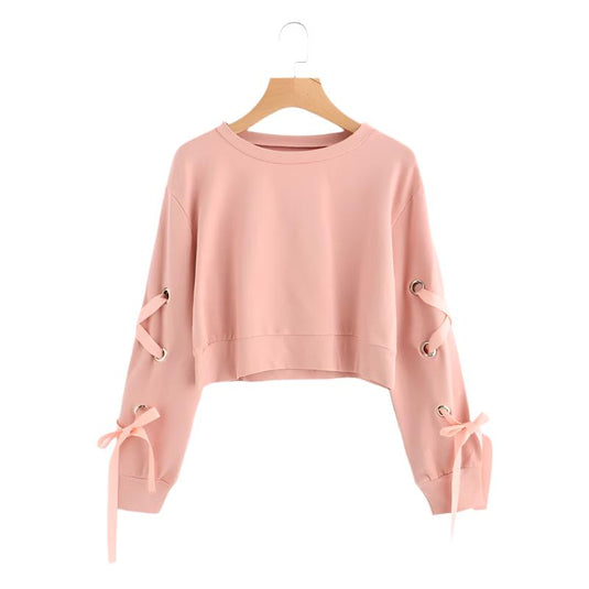 Eyelet Lace Up Crop Sweatshirt