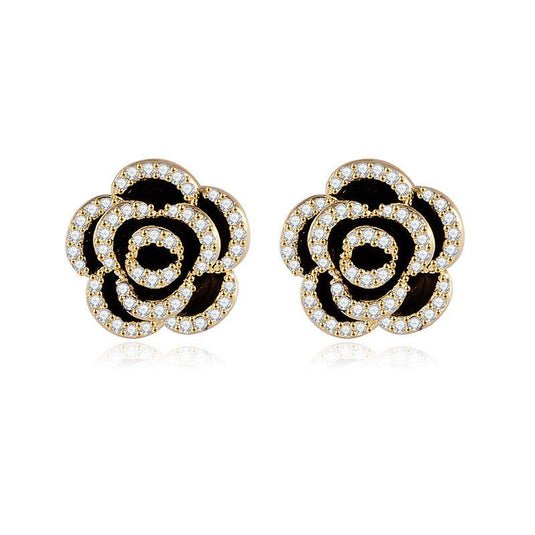 French Retro Black Camellia Diamond Stone Earrings