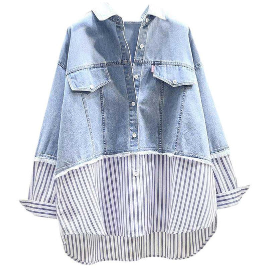 Women's Denim Shirt w/ Casual Striped Stitching + Long Sleeve