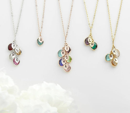 Birthstone Water Drop Leaf Lettering Necklace