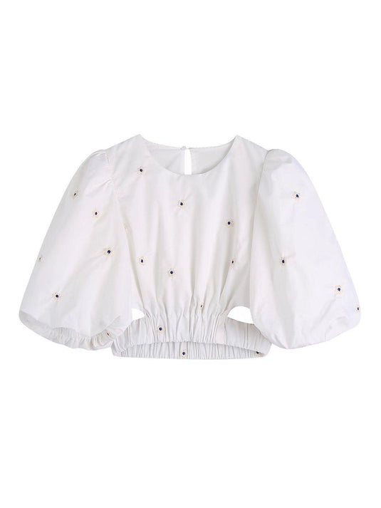 Round Neck Bubble Sleeve Blouse