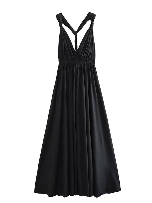 Solid Black Sleeveless Mid-Calf Backless Dress w/ Deep V-neck