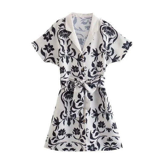 Women's Printed Mini Shirt Dresses w/ Bow Belt