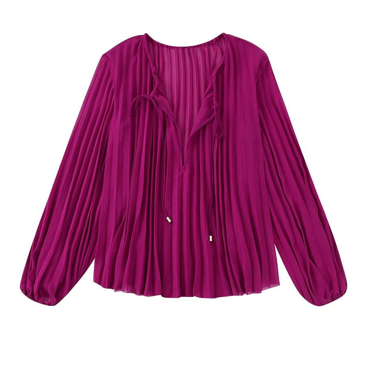 Women's Long Sleeve Pleated Blouse w/O-neck