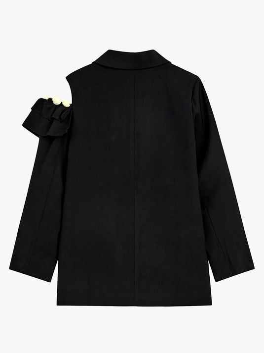 Women's Black Flower Irregular Ruffles Collar Blazer