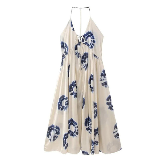 Printed Maxi Dress w/ Elegant Deep Neck Halter + Backless