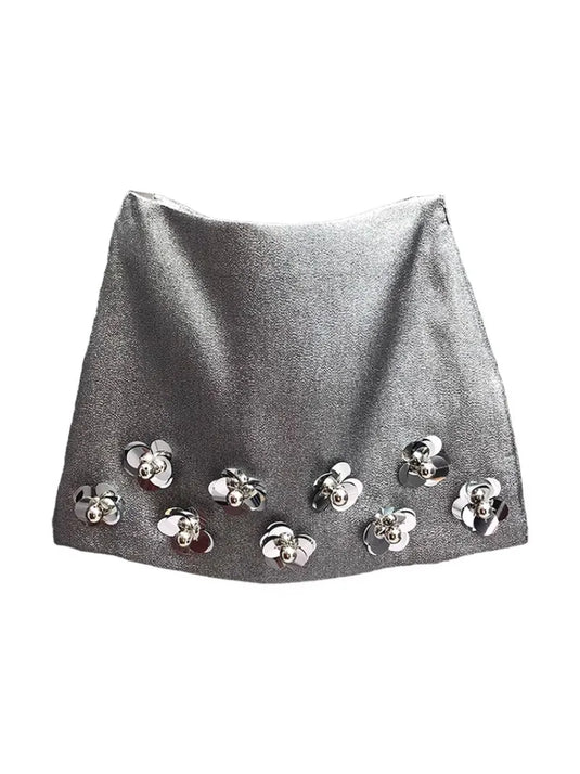 Silver Decorative High Waist Mini Skirt