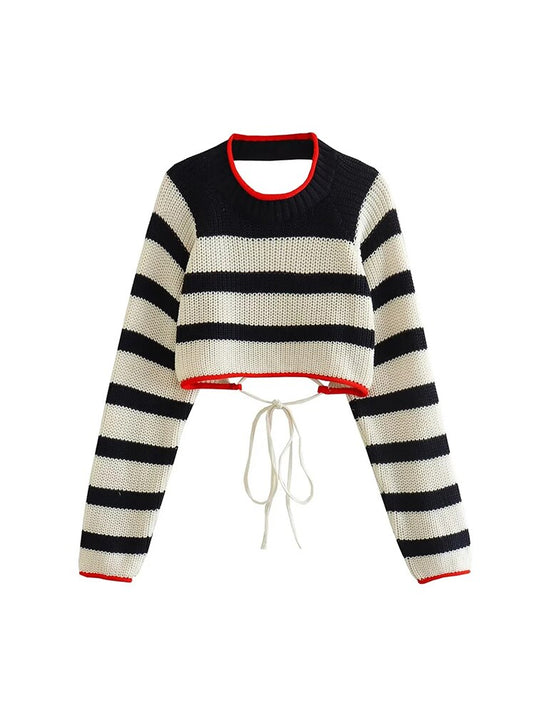 Stripe Backless Long Sleeve Knitted Sweater