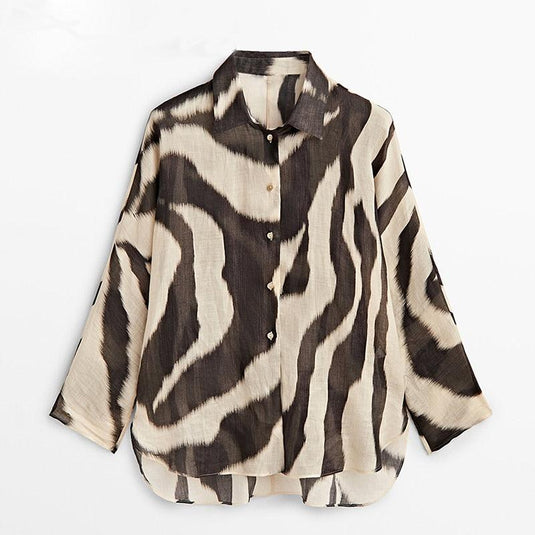 Women's Casual Cotton + Linen Zebra Print Shirt