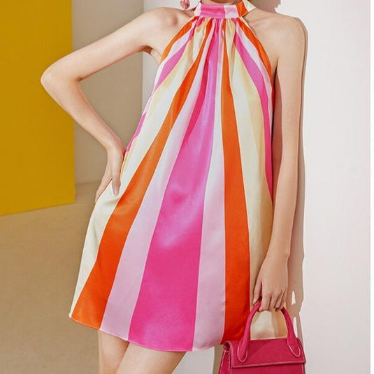 Multicolour Stripe Sleeveless Satin Mini Dress