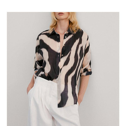 Women's Casual Cotton + Linen Zebra Print Shirt