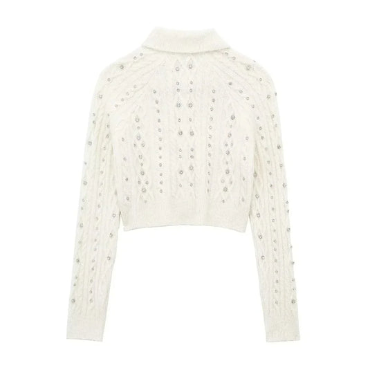 Knitted Cropped Cardigan w/Rhinestones