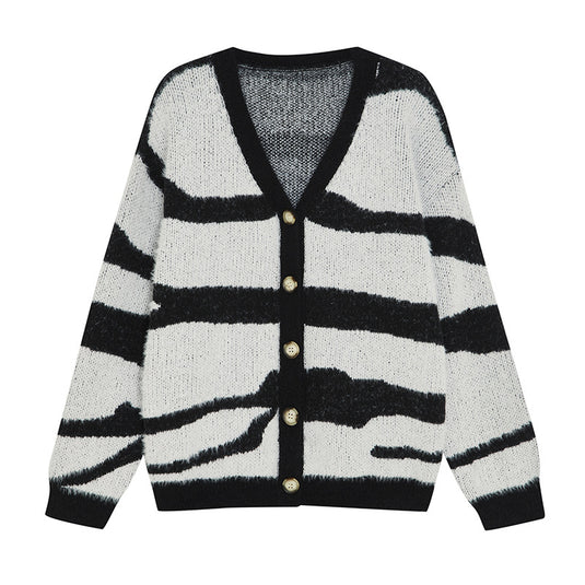 New Button Stripe V-Neck Cardigan Sweater