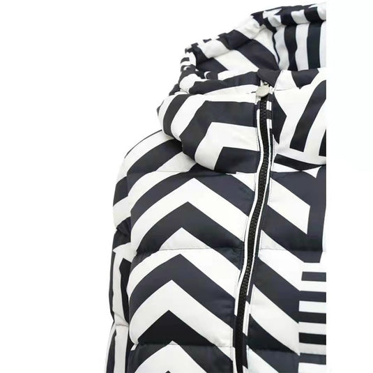 Women's Black + White Stripe Hooded Down Jacket