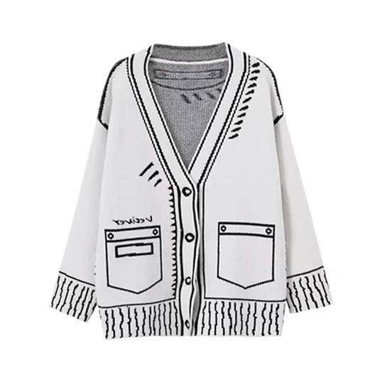 Women's V-neck Knitted Graffiti Print Cardigan