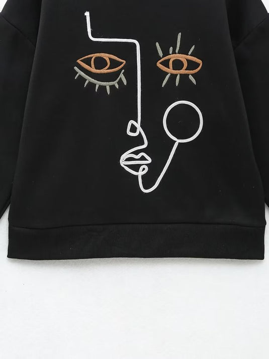 Face Abstract Embroidery Fleece Sweatshirt